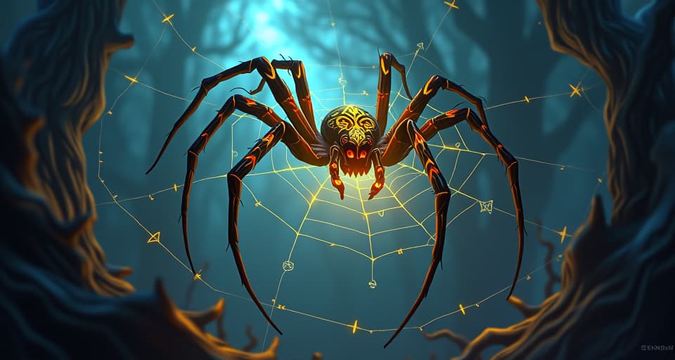  enormous, glowing spider, weaving a web of light amidst ancient, gnarled trees, surrounded by shadows. the web intricately entangles various illusions and deceitful symbols. twilight, eerie atmosphere.. the style is digital art illustration,highly detailed, whimsical,magical, dreamlike atmosphere, realism and fantasy blend, smooth, glossy textures,luminous quality, wonder and enchantment.