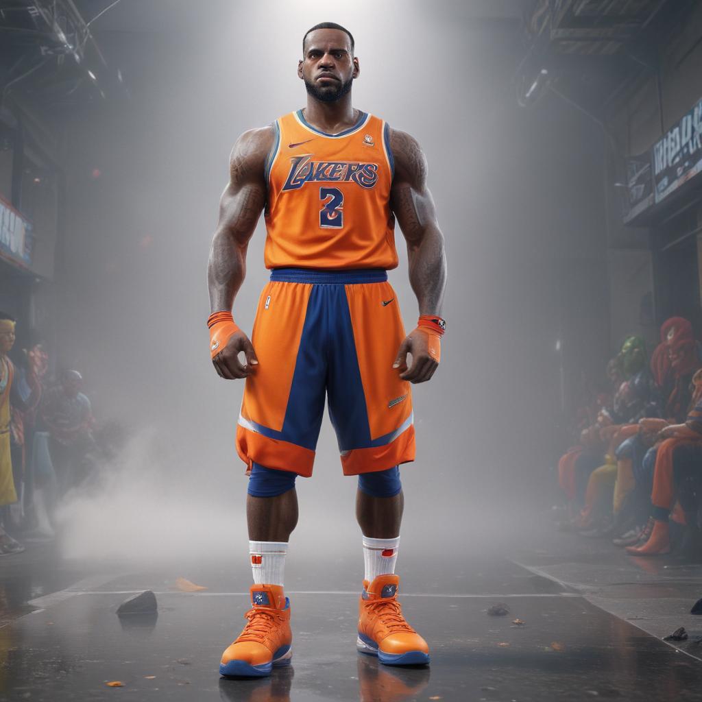 distance-shot, flashy, full-body, dynamic, holographic, animated cartoon poster of lebron james in the style of dragon ball super hyperrealistic, full body, detailed clothing, highly detailed, cinematic lighting, stunningly beautiful, intricate, sharp focus, f/1. 8, 85mm, (centered image composition), (professionally color graded), ((bright soft diffused light)), volumetric fog, trending on instagram, trending on tumblr, HDR 4K, 8K