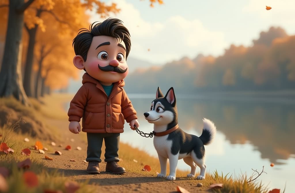  big head, big eyes, caricature, a caricature, rendering, (figurativism:0.8), a man with a mustache walks with a black and white dog laika on the lake in autumn ar 3:2, epic realistic, pixar style, disney, (cycles render:1.3), caustics, (glossy:0.58), (artstation:0.2), cute