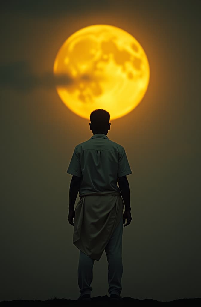  a yellow full moon with alone sri lankan men age around 30 hyperrealistic, full body, detailed clothing, highly detailed, cinematic lighting, stunningly beautiful, intricate, sharp focus, f/1. 8, 85mm, (centered image composition), (professionally color graded), ((bright soft diffused light)), volumetric fog, trending on instagram, trending on tumblr, HDR 4K, 8K