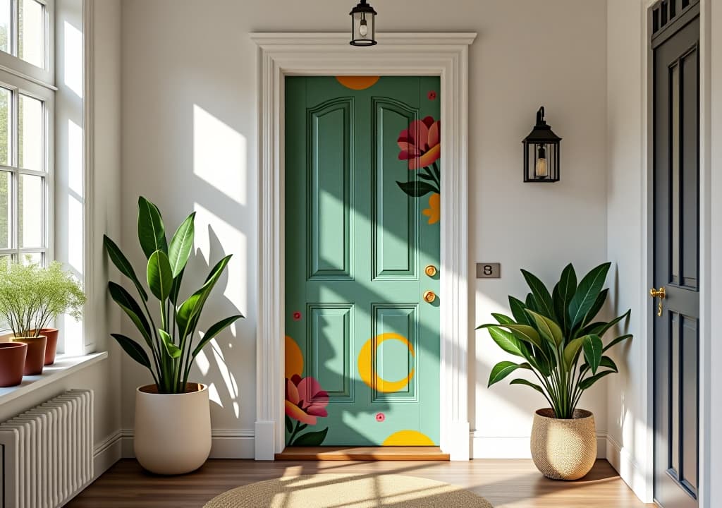  whimsical entrance vibrantly painted door in clean setting lifestyle stock photo