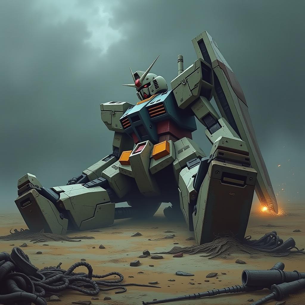  "create an image of a wrecked gundam, depicting a large, battle damaged robot lying in a desolate, post apocalyptic landscape. the gundam should have visible cracks, missing limbs, and exposed internal mechanisms, with sparks or smoke emitting from damaged areas. the setting around it could include debris, twisted metal, and a dark, stormy sky, hinting at a recent battle. the color palette should be gritty and muted, with shades of gray, rust, and faded metallic tones to emphasize the worn, war torn appearance."