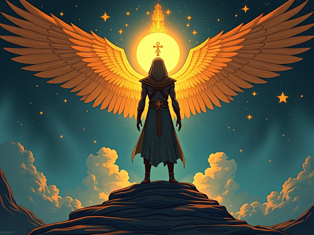  a figure standing at the threshold between two realms, spirit and matter, holding a glowing ankh, bridging the realms. the style is digital art illustration / modern comic book / mysterious occult, symbolic, esoteric vibe,high detail on character design, incorporating ancient egyptian symbology and attire.