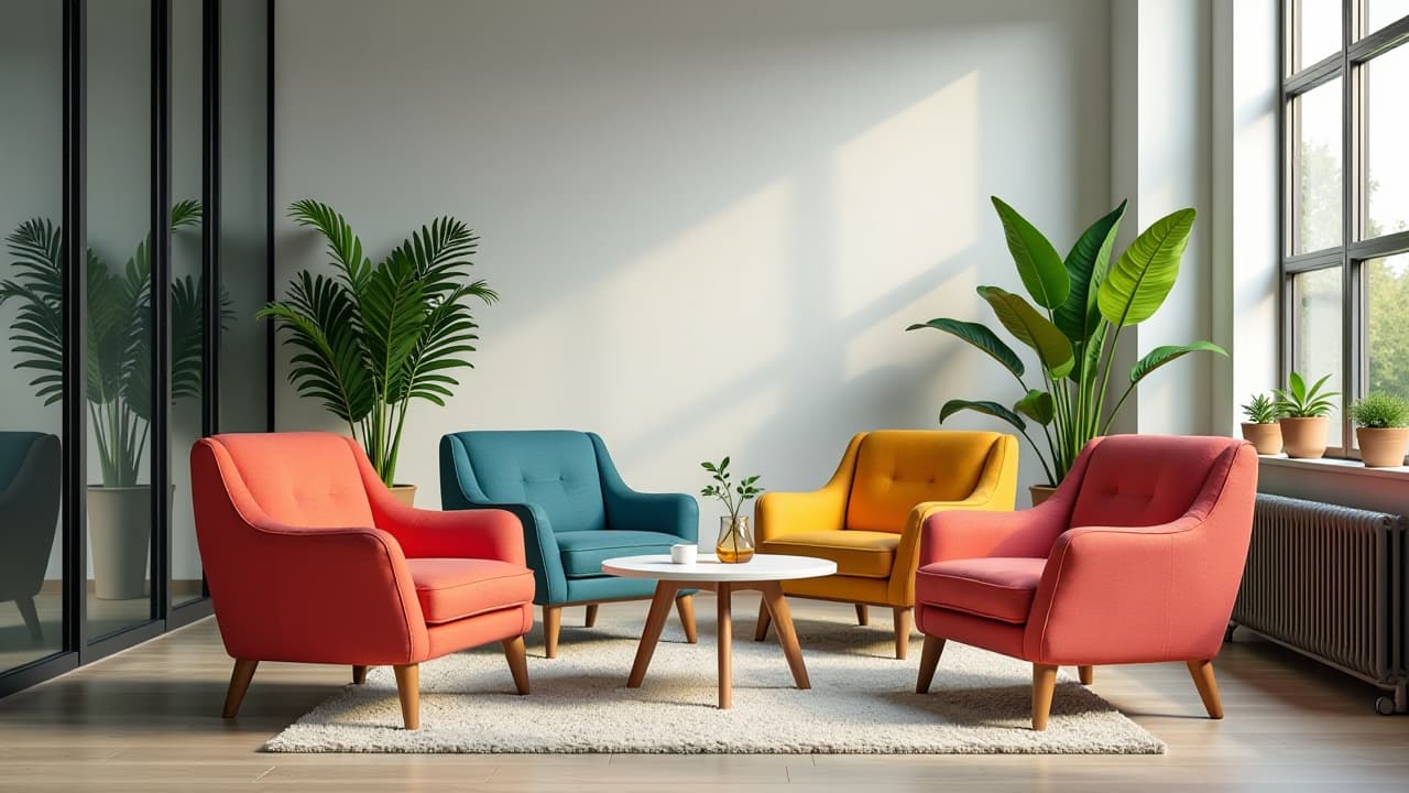  colorful armchairs and green plants bring energy to a modern office lounge, high quality, high details, hd, perfect composition, 4k epic detailed, highly detailed, sharp focus, high resolution