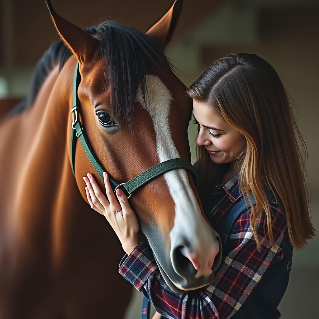  the face of a horse is being stroked by a with knee length hair. she is wearing a plaid shirt and a denim .