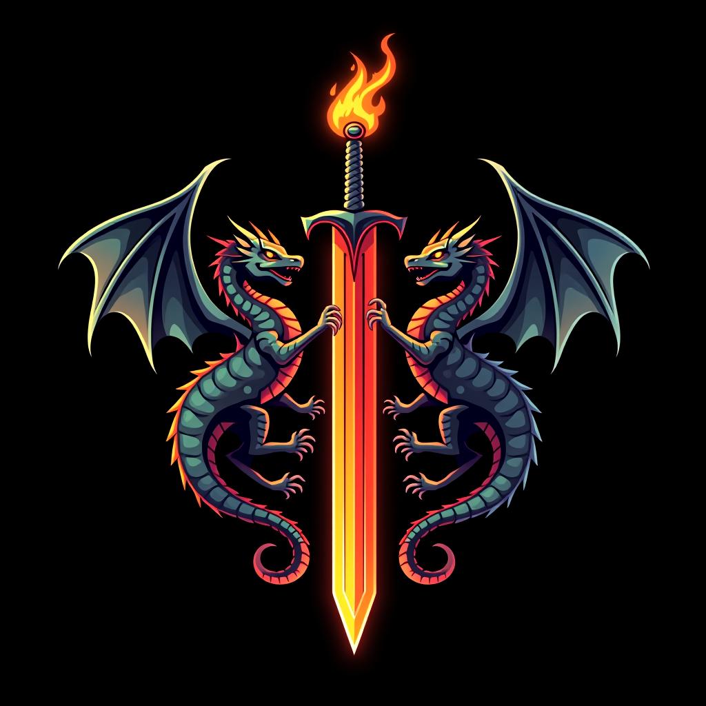  design a logo, custom sticker design on an isolated black background decorated by mythical dragons and a flaming sword