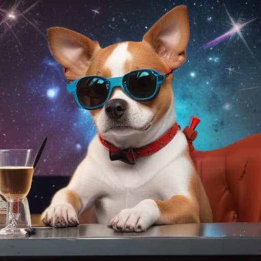 A dog drinking a martini while using a cell phone in Comic Art style with Space background