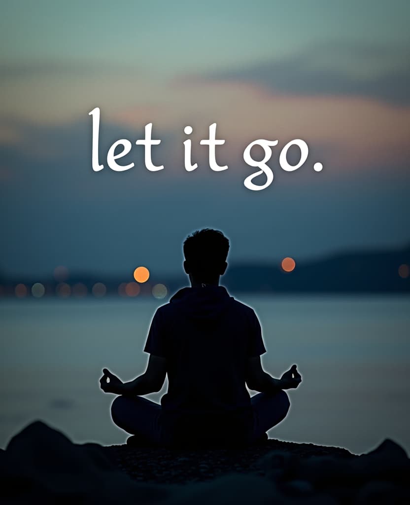  a person that is staring in the distance, meditating, saying the words "let it go".