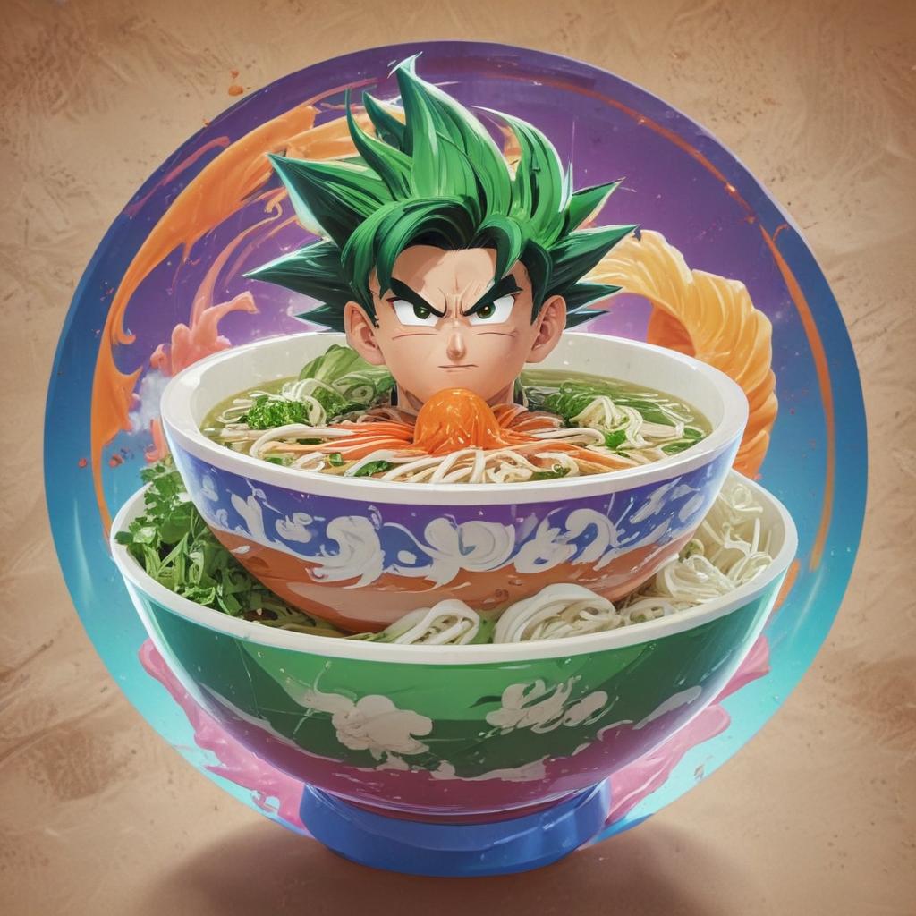 distance-shot, flashy, full-body, dynamic, holographic, animated cartoon poster of a bowl of pho in the style of dragon ball super