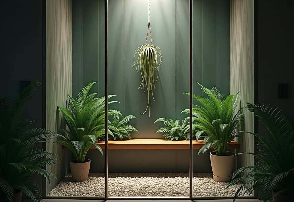  a landscape photo of a luxurious walk in shower with glass doors, featuring a built in teak bench surrounded by lush ferns and a hanging air plant, with pebble flooring hyperrealistic, full body, detailed clothing, highly detailed, cinematic lighting, stunningly beautiful, intricate, sharp focus, f/1. 8, 85mm, (centered image composition), (professionally color graded), ((bright soft diffused light)), volumetric fog, trending on instagram, trending on tumblr, HDR 4K, 8K