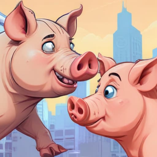 A human punching a pig on the snout in Cartoon style with City background