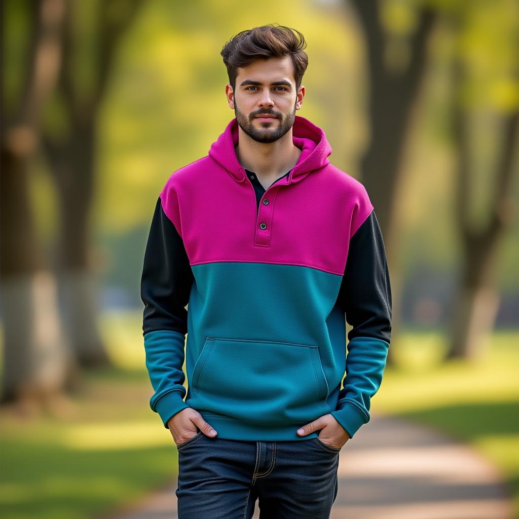  create an image of a full body man posing casually in an outdoor park setting, wearing a relaxed fit bamboo fabric hoody with long sleeves and a henley neckline, featuring a straight hem and textured design in vibrant magenta (rgb(230,6,234)), cyan (rgb(10,239,255)), and black (rgb(0,0,0)) colors. the hoody should be lightweight with a smooth texture and finish, designed for casual use with branded sleeves, an attached hood, thumb holes, and pockets.