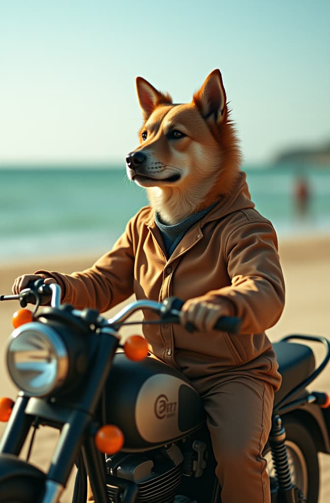  perro en motocicleta tomando el sol en una playa con las aguas verdes hyperrealistic, full body, detailed clothing, highly detailed, cinematic lighting, stunningly beautiful, intricate, sharp focus, f/1. 8, 85mm, (centered image composition), (professionally color graded), ((bright soft diffused light)), volumetric fog, trending on instagram, trending on tumblr, HDR 4K, 8K