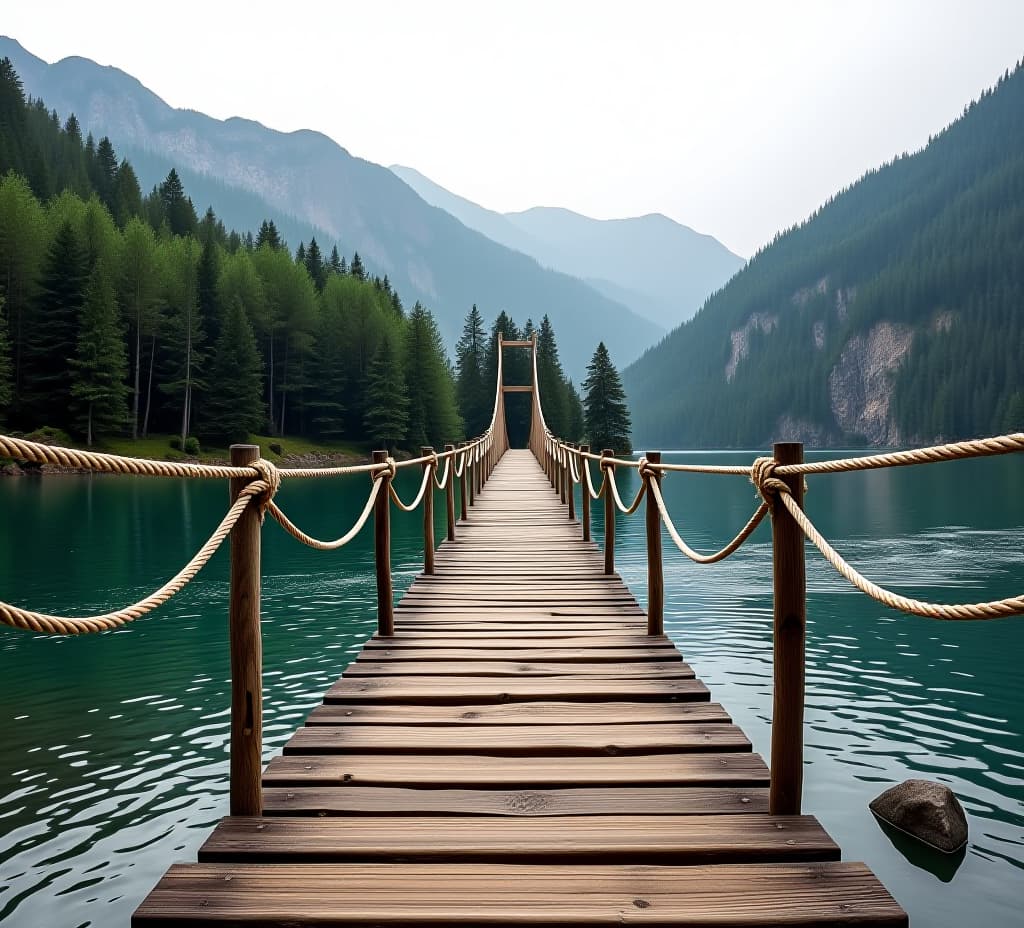  suspension bridge made of wood and hemp rope isolated on a transparent background in a mountain valley