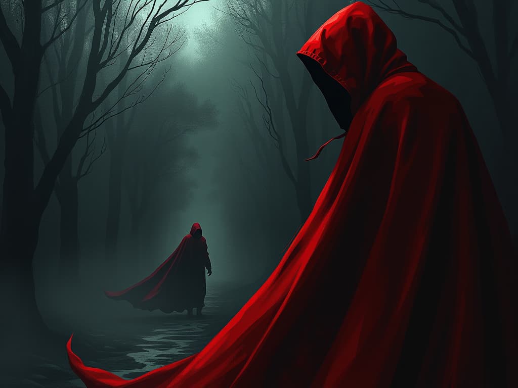  fleeting shadow in red cloak, barely visible, corner of vision, hint of doubt. the style is digital art illustration / modern comic book / graphic dark novel fantasy and mysterious occult, symbolic, moody lighting, esoteric vibe,high detail on character design. for the color scheme emphasize blacks and reds.