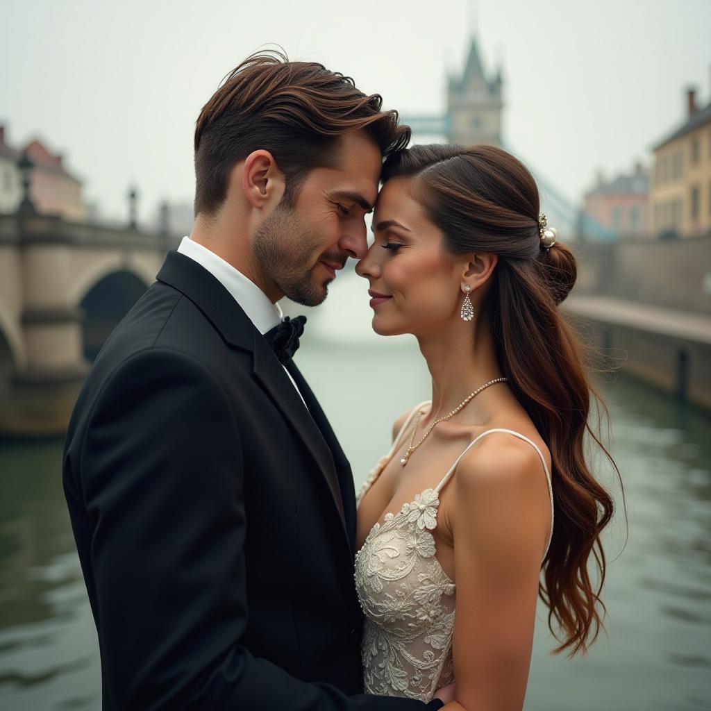  5th wedding anniversary, a man with brown hair and a woman with long brown hair in front of drawbridges. hyperrealistic, full body, detailed clothing, highly detailed, cinematic lighting, stunningly beautiful, intricate, sharp focus, f/1. 8, 85mm, (centered image composition), (professionally color graded), ((bright soft diffused light)), volumetric fog, trending on instagram, trending on tumblr, HDR 4K, 8K