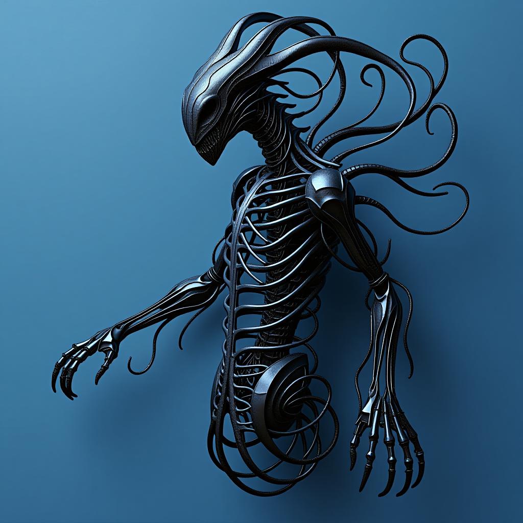  solo, masterpiece, complex details, thin sharp curls of black metal, exquisite openwork body structure of black metal, complex filigree internal structure, individual limbs, individual body parts, close up of the whole body, transparent body, simple blue background, openwork, fractal style, yhnrfractalxl, organic, metal, strings, plates, stripes, floating, sharp, smooth, spikes, flowing, straight, rough, curved, open