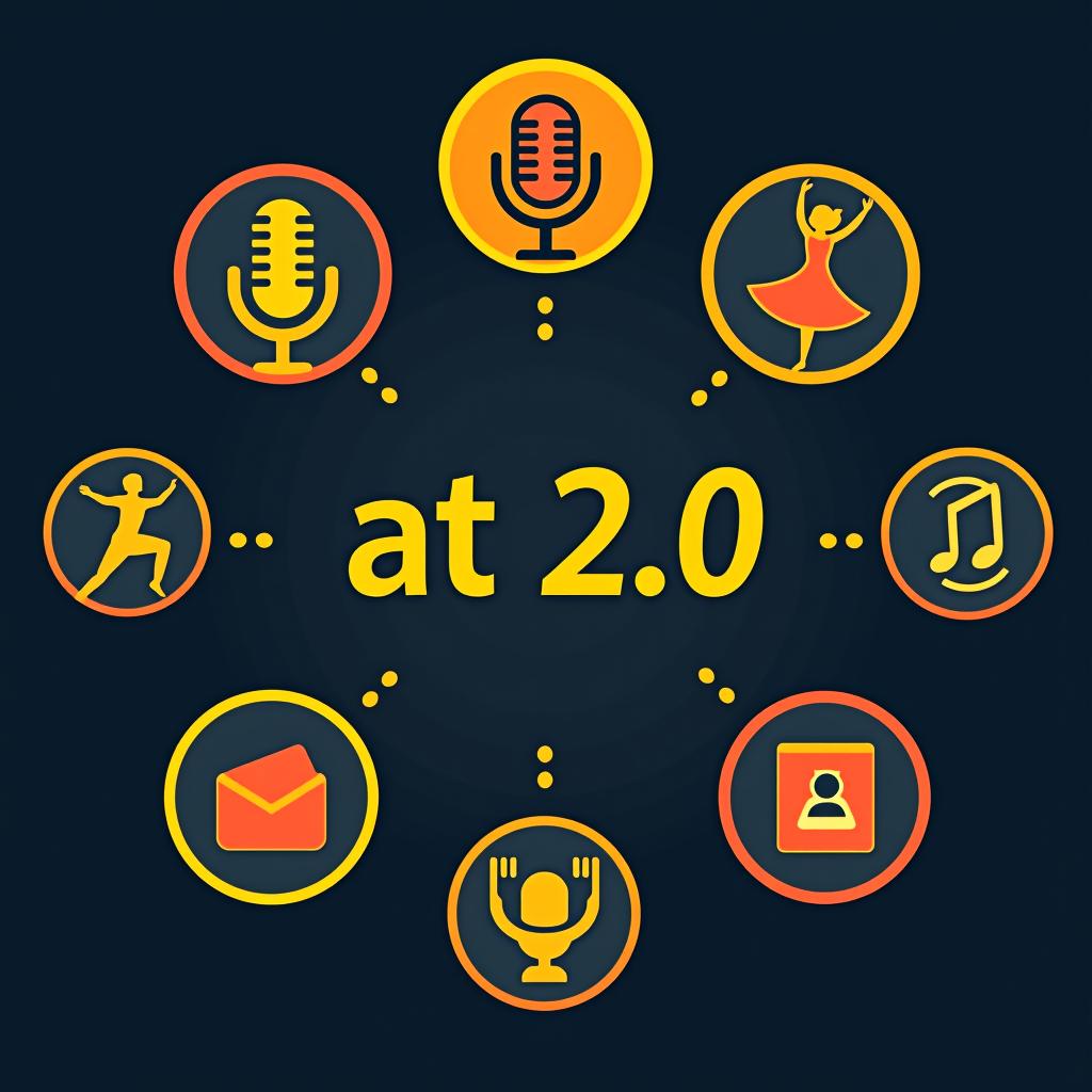  design a logo, can you suggest me a logo including including symbols of podcast, dance & information for my youtube channel ‘at2.0’. pls share some pictures, with the text 'at2.0'.