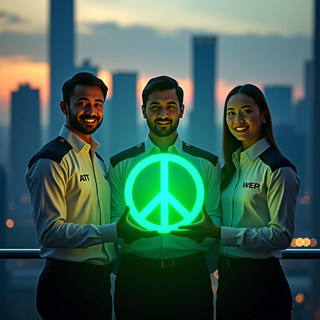  create a high quality, photorealistic image that vividly depicts the following scene: "a vividly striking tableau featuring initial team members of shipcrew and high stakes investors, positioned prominently against a backdrop of a cutting edge cityscape. they're presenting a shimmering, physical emblem of peace in a shade of vibrant matrix green, representing their innovative minimum viable product software. their faces convey resolve, eyes alight with aspiration, in unity demonstrating their dedication to the success of their nascent company. the backdrop comprises a fusion of contemporary and advanced architectural designs, suffused with the gentle colors of dusk. recorded on a canon eos r3 with settings f/2.8, iso 200, 1/500s, in 8k hyperrealistic, full body, detailed clothing, highly detailed, cinematic lighting, stunningly beautiful, intricate, sharp focus, f/1. 8, 85mm, (centered image composition), (professionally color graded), ((bright soft diffused light)), volumetric fog, trending on instagram, trending on tumblr, HDR 4K, 8K