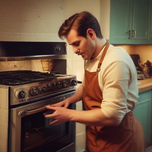 A photo of a skilled appliance technician repairing a vintage oven in a retro-themed kitchen during early evening with warm, soft ambient lighting, creating a nostalgic and inviting atmosphere.