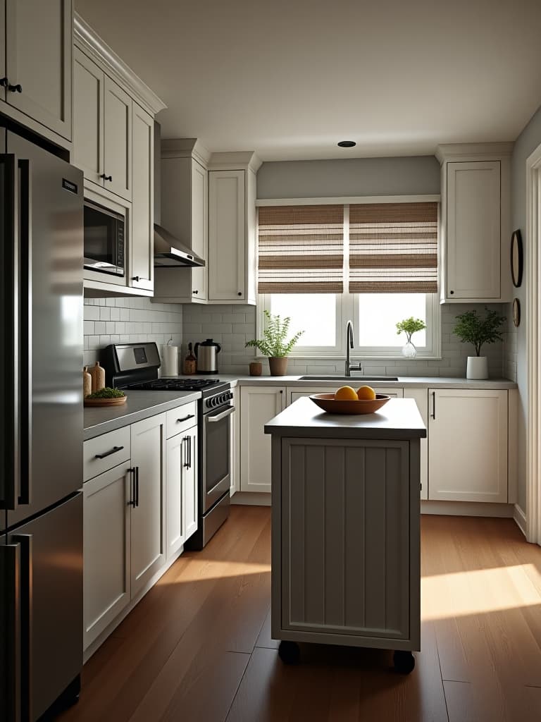  a portrait photo of a small kitchen with floor to ceiling cabinetry, a hidden appliance garage, and a compact rolling island that can be tucked away when not in use hyperrealistic, full body, detailed clothing, highly detailed, cinematic lighting, stunningly beautiful, intricate, sharp focus, f/1. 8, 85mm, (centered image composition), (professionally color graded), ((bright soft diffused light)), volumetric fog, trending on instagram, trending on tumblr, HDR 4K, 8K