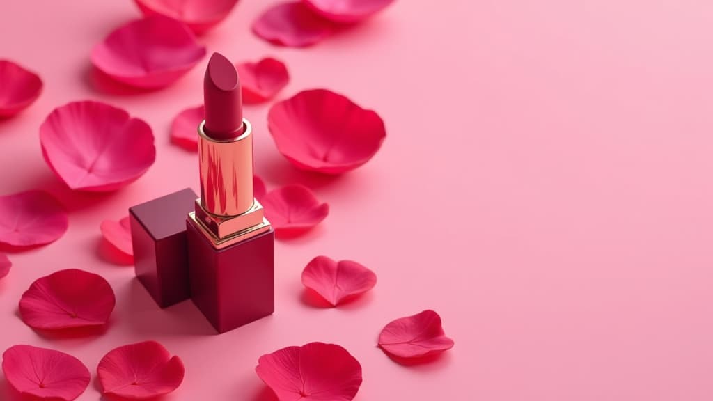  advertising style, stock photo, corporate branding style lipstick in rose petals on a pink background. there is space for text on the right. ar 16:9 . professional, clean, modern, product focused, commercial, eye catching, minimalist, business oriented, highly detailed