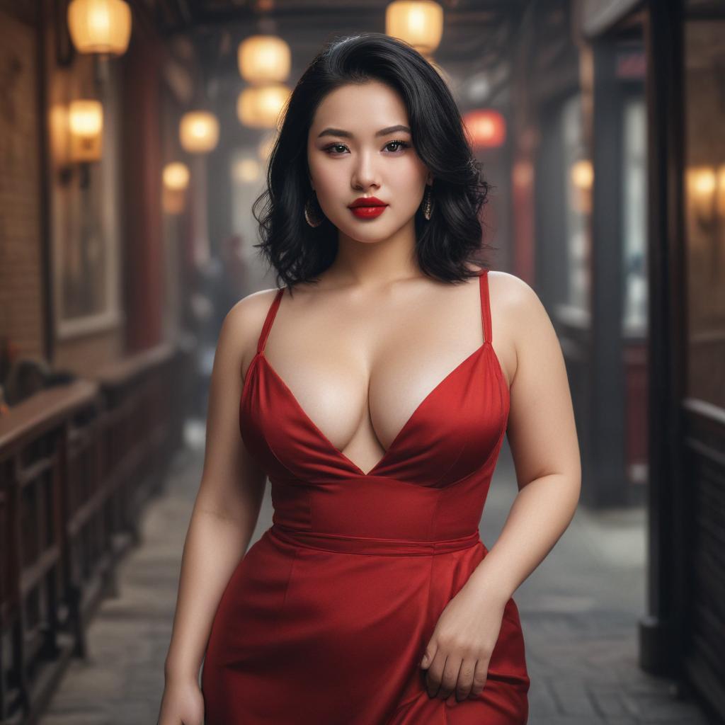 ((masterpiece)),(((best quality))), 8k, high detailed, ultra detailed, A beautiful Chinese woman with a curvy figure and attractive cleavage, fit, plus sized, (cute expression), (long black hair), (stylish outfit), (bright red lipstick) hyperrealistic, full body, detailed clothing, highly detailed, cinematic lighting, stunningly beautiful, intricate, sharp focus, f/1. 8, 85mm, (centered image composition), (professionally color graded), ((bright soft diffused light)), volumetric fog, trending on instagram, trending on tumblr, HDR 4K, 8K