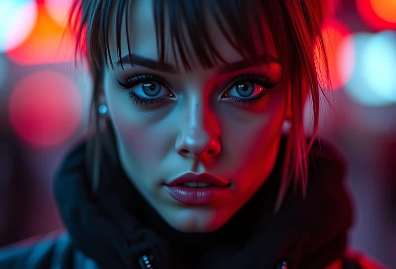  ultra realistic close up portrait ((beautiful pale cyberpunk female with heavy black eyeliner)), blue eyes, shaved side haircut, hyper detail, cinematic lighting, magic neon, dark red city, canon eos r3, nikon, f/1.4, iso 200, 1/160s, 8k, raw, unedited, symmetrical balance, in frame, 8k hyperrealistic, full body, detailed clothing, highly detailed, cinematic lighting, stunningly beautiful, intricate, sharp focus, f/1. 8, 85mm, (centered image composition), (professionally color graded), ((bright soft diffused light)), volumetric fog, trending on instagram, trending on tumblr, HDR 4K, 8K