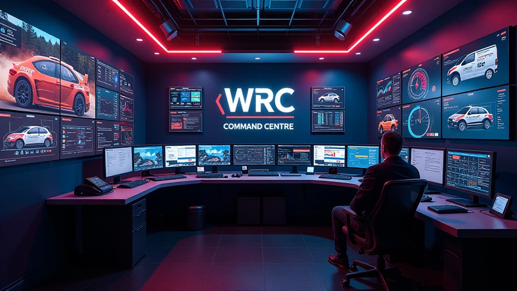  prompt: create a dynamic and futuristic scene showcasing the wrc's "command centre" concept for rallying in 2025. visualize a cutting edge control room filled with advanced technology, screens displaying live data from wrc cars, and team radio communication. incorporate the wrc logo prominently, along with brand logos of technology partners. use dramatic lighting to highlight the high tech equipment and emphasize the evolution of rallying. ensure a detailed and realistic composition that capture