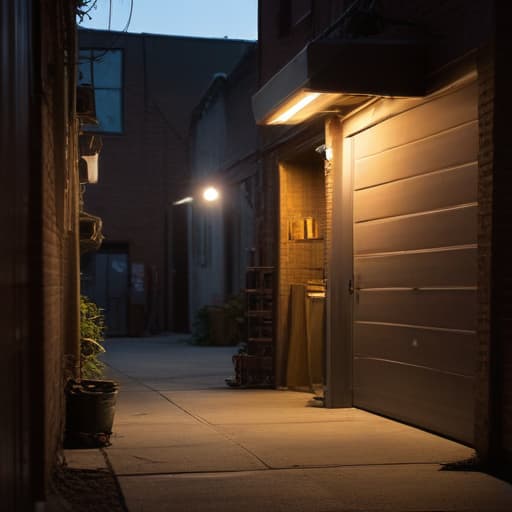 A photo of a skilled technician servicing a garage door in a dimly lit urban alleyway during late evening with a soft glow emanating from a single overhead street lamp, casting long shadows and highlighting the intricate tools and gears used in the repair process.