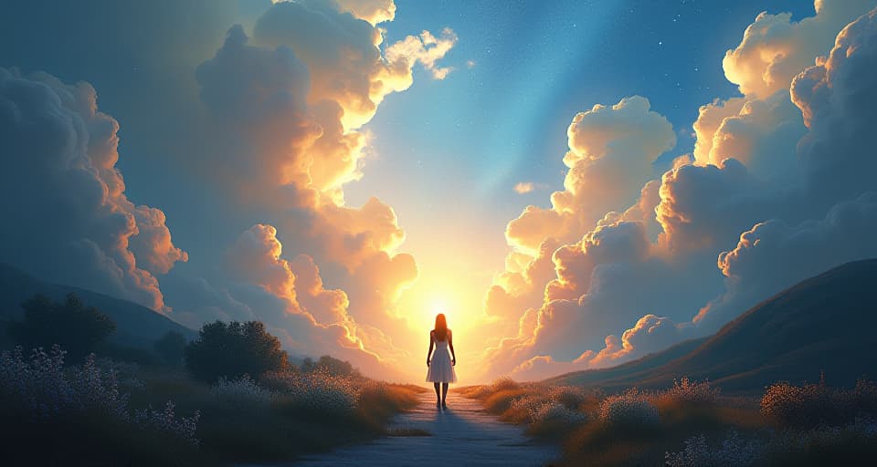  ethereal landscape with a figure gleaming brightly at the center, standing alone on an illuminated path, symbolizing independence.. the style is digital art illustration,highly detailed, whimsical,magical, dreamlike atmosphere, realism and fantasy blend, smooth, glossy textures,luminous quality, wonder and enchantment.