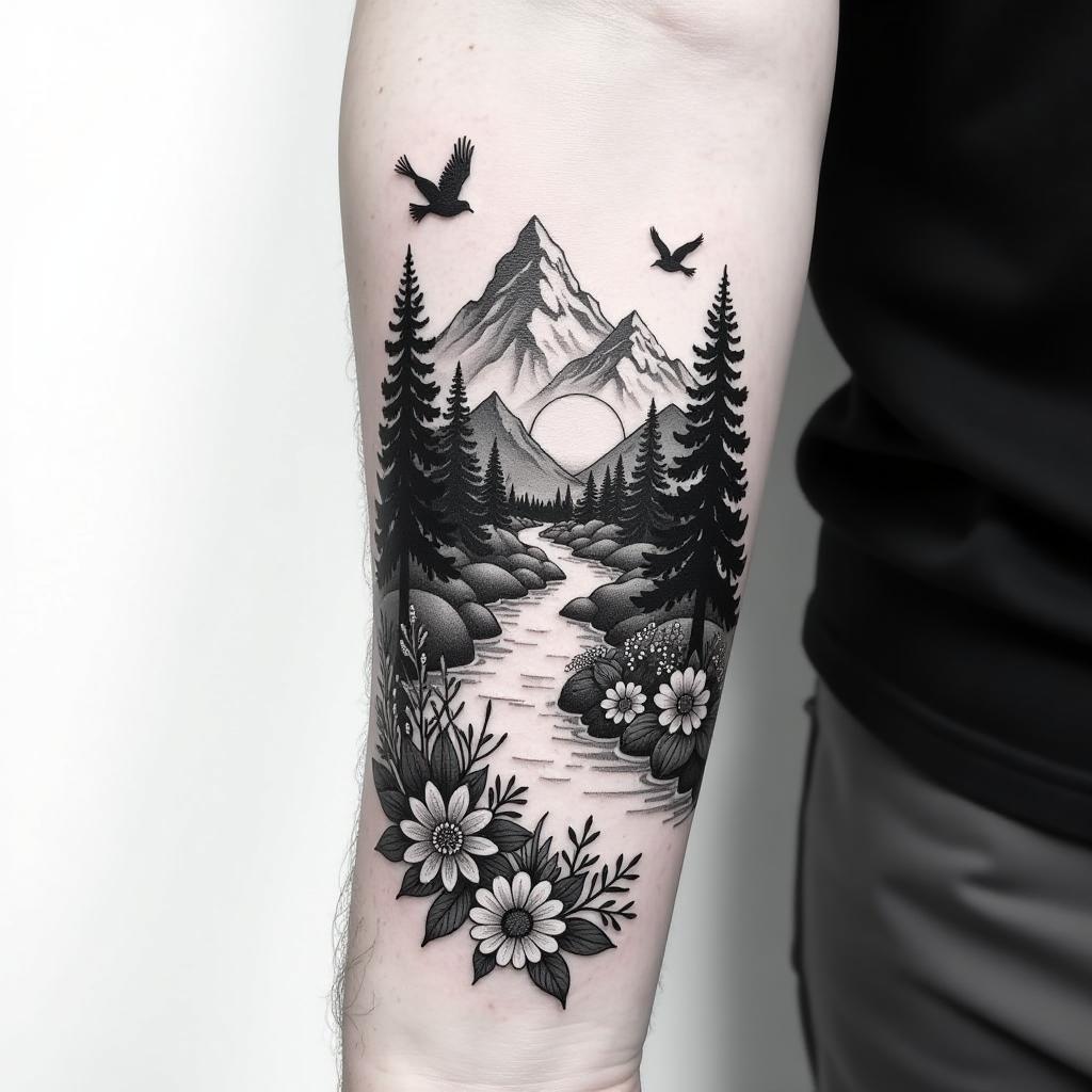  create a tattoo design, small forearm mountain theme black and white realism tattoo , with a river running through, wild flowers , and a sun and birds , white background