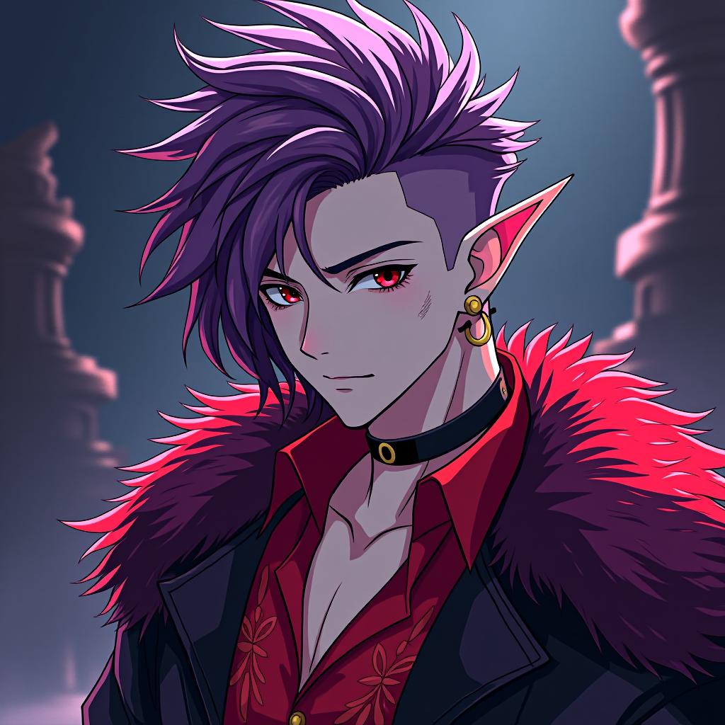  manga style dark elf male rock performer marble white skin, purple scarlet hair, lavender eyes with a red tint, dressed in a red violet shirt embroidered with red gold over the shirt wears a leather coat with a fur collar of dark scarlet, hairstyle in the style of hedgehog hair. an earring in the right ear, in the shape of a month. the crescent moon tattoo . vibrant, high energy, detailed, iconic, japanese comic style hyperrealistic, full body, detailed clothing, highly detailed, cinematic lighting, stunningly beautiful, intricate, sharp focus, f/1. 8, 85mm, (centered image composition), (professionally color graded), ((bright soft diffused light)), volumetric fog, trending on instagram, trending on tumblr, HDR 4K, 8K