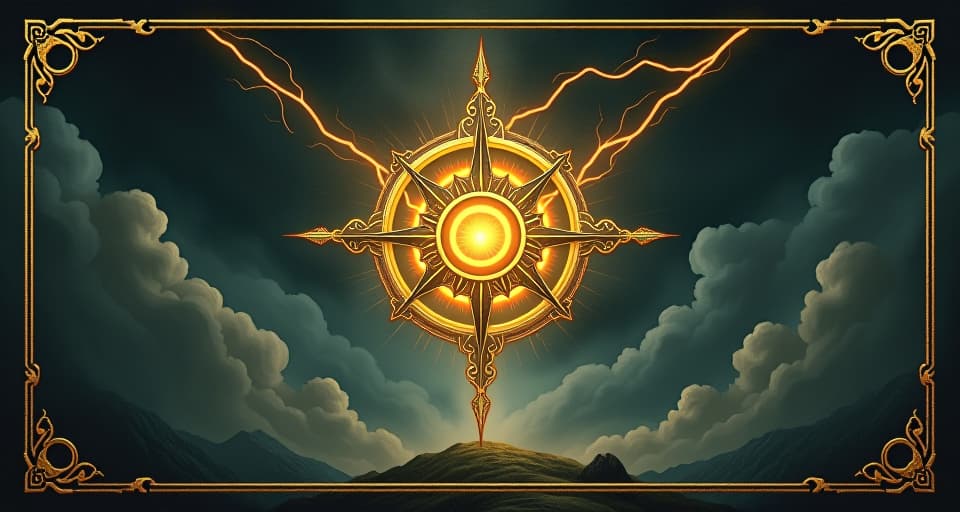  a powerful emblem glowing with radiant energy, veins of light coursing through it, set against a dark, stormy backdrop, dramatic and intense. an illustration in the style of a worn, mystical old tarot trump card, mysterious and elements of surrealism. the colors are muted, somber and eerie, but with contrast bring out an occult and esoteric vibe.