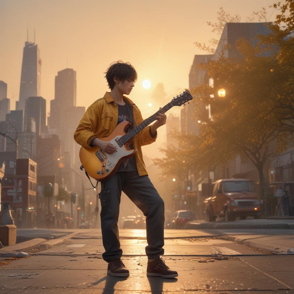 ((masterpiece)),(((best quality))), 8k, high detailed, ultra detailed, Watanabe Shota and Meguro Ren, a boy playing guitar, (city skyline in the background), (golden sunset), (musical notes floating in the air) hyperrealistic, full body, detailed clothing, highly detailed, cinematic lighting, stunningly beautiful, intricate, sharp focus, f/1. 8, 85mm, (centered image composition), (professionally color graded), ((bright soft diffused light)), volumetric fog, trending on instagram, trending on tumblr, HDR 4K, 8K