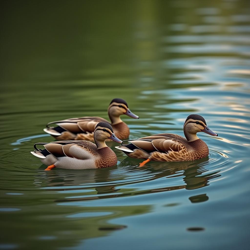  a family of ducks swimming together in a serene pond