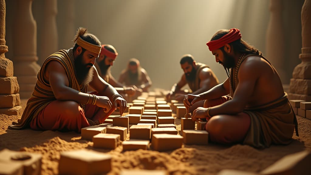  a group of ancient sumerians crafting bricks from clay and using tar as mortar, illustrating the construction techniques of the tower of babel. hyperrealistic, full body, detailed clothing, highly detailed, cinematic lighting, stunningly beautiful, intricate, sharp focus, f/1. 8, 85mm, (centered image composition), (professionally color graded), ((bright soft diffused light)), volumetric fog, trending on instagram, trending on tumblr, HDR 4K, 8K