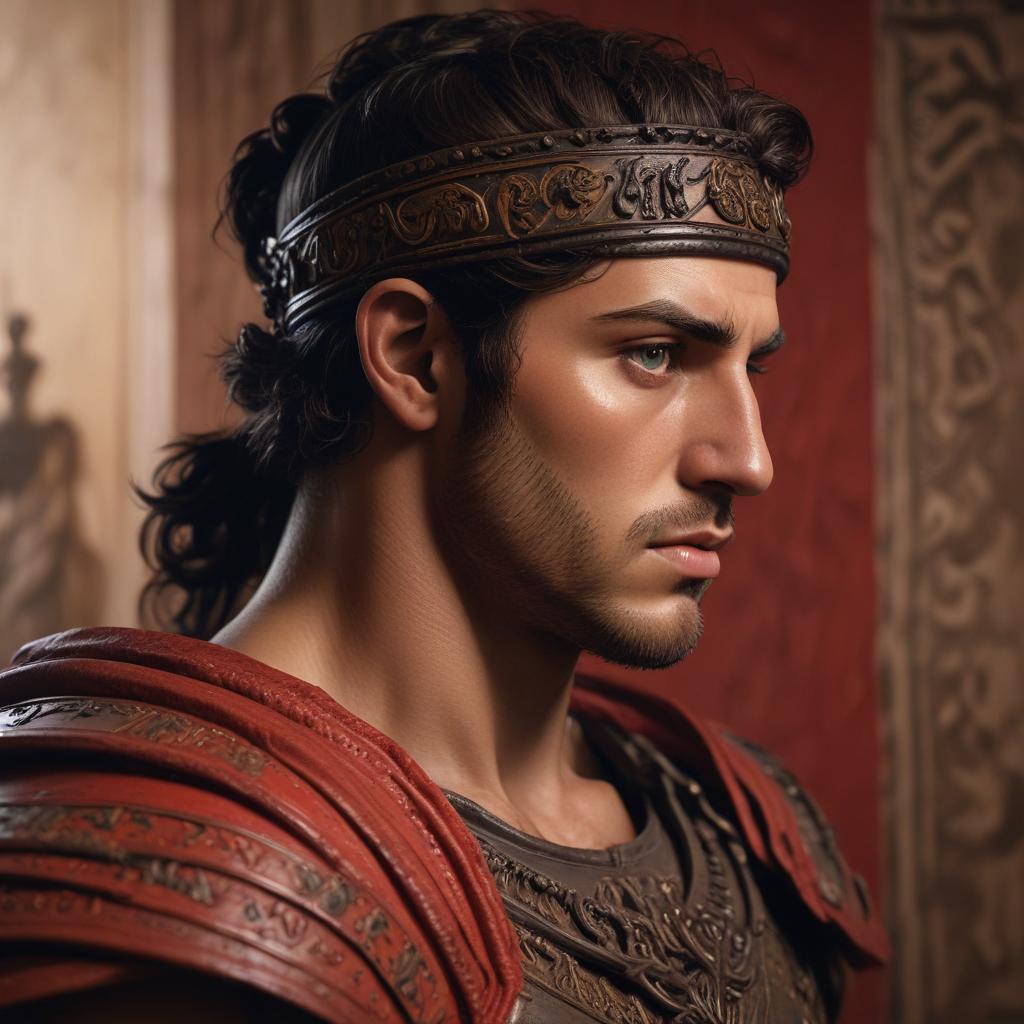 A portrait of Achilles contemplating the choice between fame and a brief life or obscurity and a long existence, his expression a mix of determination and contemplation, clad in traditional Greek armor with intricate engravings, standing at a crossroads symbolizing his pivotal decision, captured in a dramatic lighting with strong contrasts"in the style of classical Greek pottery art, with intricate black figures on a red background, depicting mythological scenes with a focus on gods and heroes, using a limited color palette of red, black, and white"This image is a breathtaking painting that captures the magical scene with vivid detail. The overall composition is spellbinding, showcasing a perfect harmony. photorealism fantasy, unreal engine hyperrealistic, full body, detailed clothing, highly detailed, cinematic lighting, stunningly beautiful, intricate, sharp focus, f/1. 8, 85mm, (centered image composition), (professionally color graded), ((bright soft diffused light)), volumetric fog, trending on instagram, trending on tumblr, HDR 4K, 8K