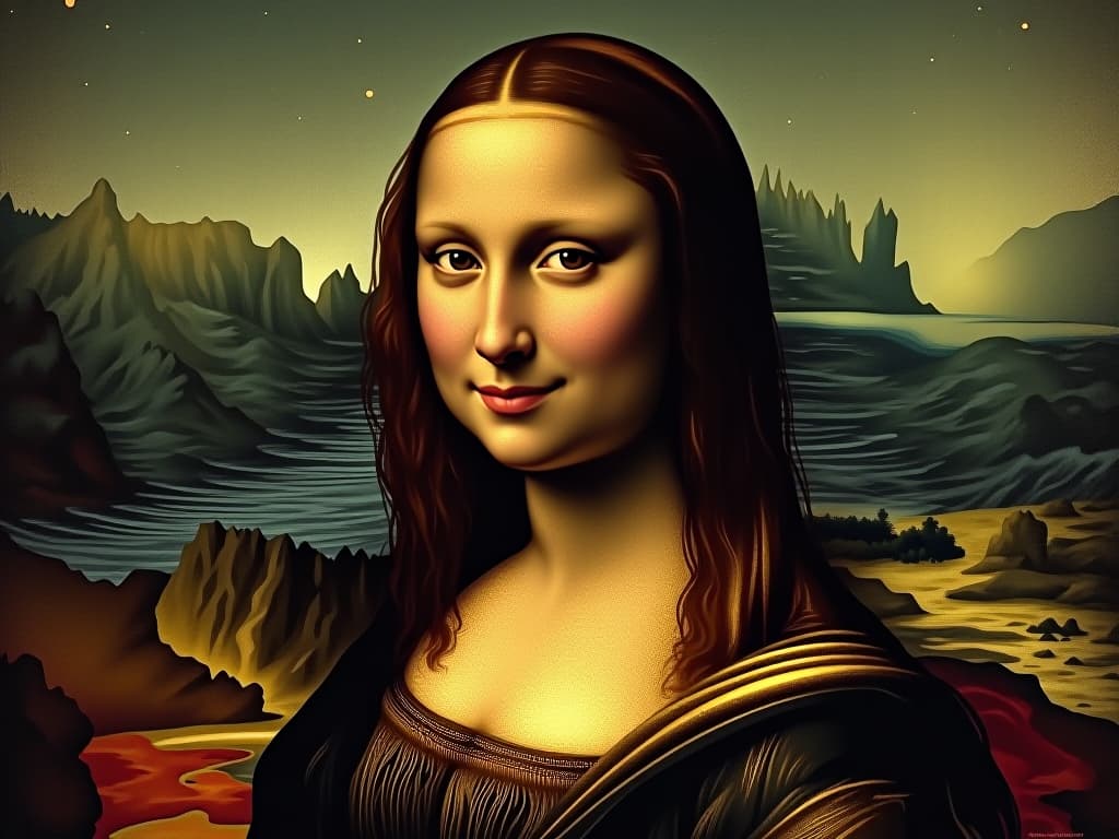  1 lady, (portrait of mona lisa), looking at viewer, mild smile, starry night sky background, best quality, master piece, hyper realistic. photo realistic, highly intricate and detailed, masterpiece, ultra high res,photography,8k resolution