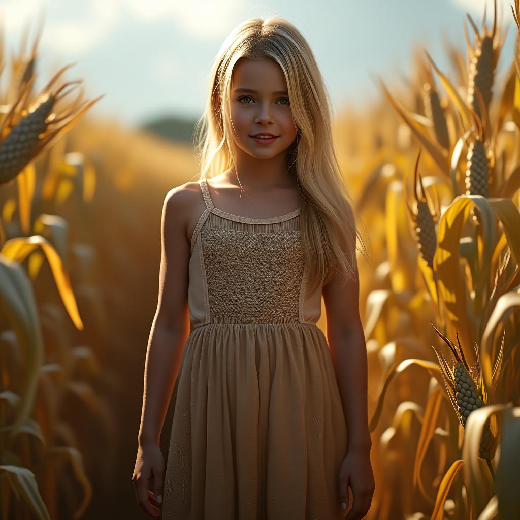  , blonde hair, age 6, full body view, you can see and feet, , , skin, cloth, standing in corn field, string ,, high quality, high details, hd, perfect composition, 4k epic detailed, highly detailed, sharp focus, high resolution