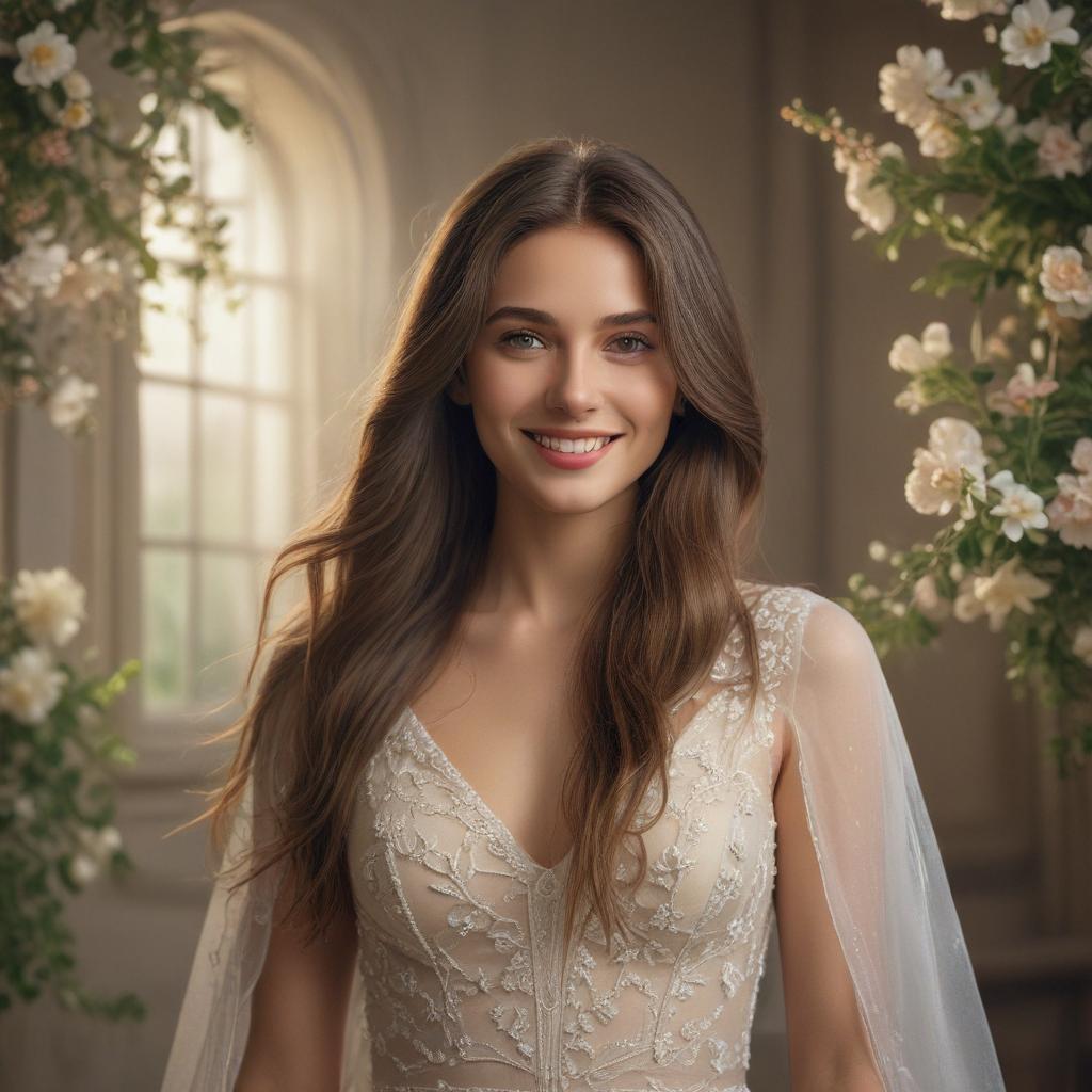 ((masterpiece)),(((best quality))), 8k, high detailed, ultra detailed,A beautiful and charming young , long flowing hair, mesmerizing eyes, radiant smile, elegant dress, blooming flowers in the background hyperrealistic, full body, detailed clothing, highly detailed, cinematic lighting, stunningly beautiful, intricate, sharp focus, f/1. 8, 85mm, (centered image composition), (professionally color graded), ((bright soft diffused light)), volumetric fog, trending on instagram, trending on tumblr, HDR 4K, 8K