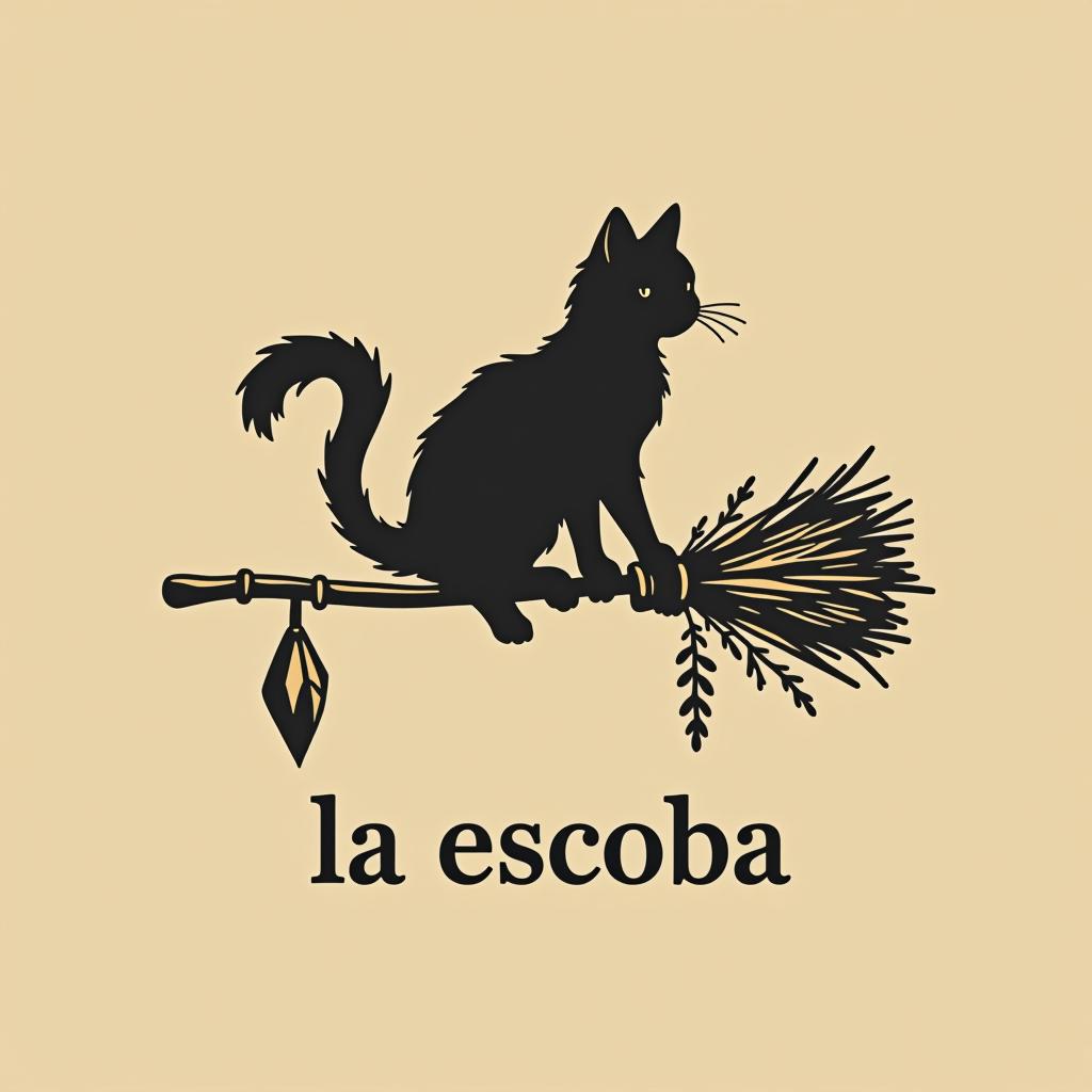  design a logo, in a minimalism style. witchy, black cat riding on a broom, dried herbs hanging off broom, cottage core aesthetic, crystals,spells, with the text 'la escoba'.