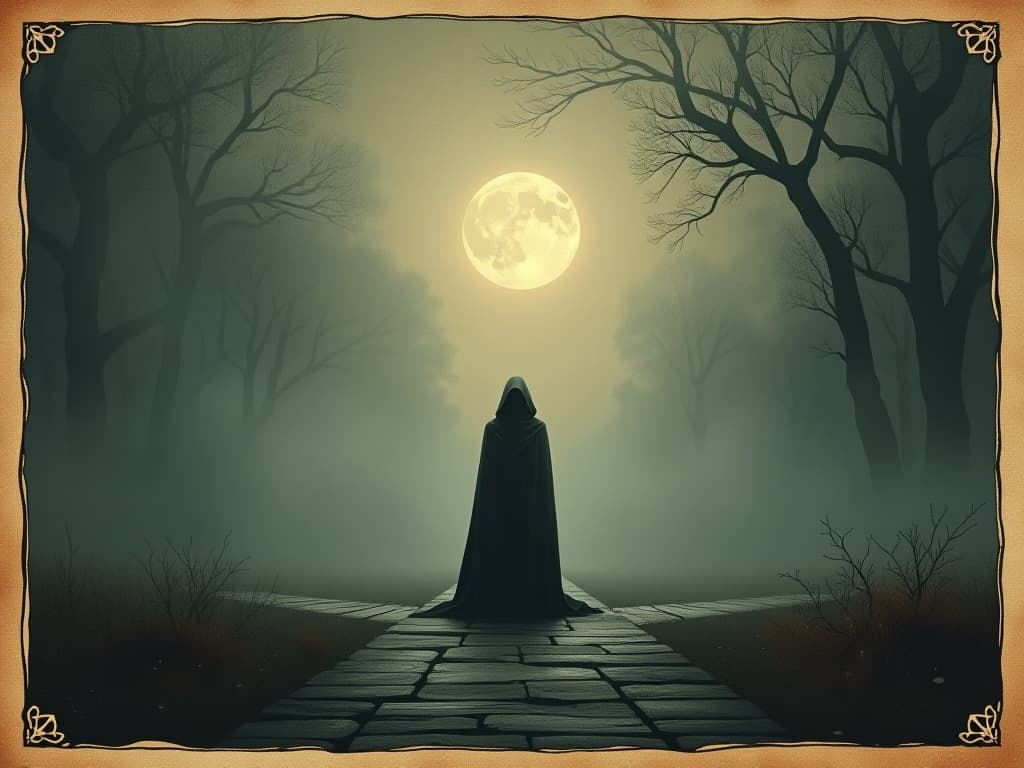  a lone figure standing at a crossroads, cloaked in shadow, dim light piercing through fog, atmosphere of contemplation, importance of integrity. an illustration in the style of a worn, mystical old tarot trump card, mysterious and elements of surrealism. the colors are muted, somber and eerie, but with contrast bring out an occult and esoteric vibe.