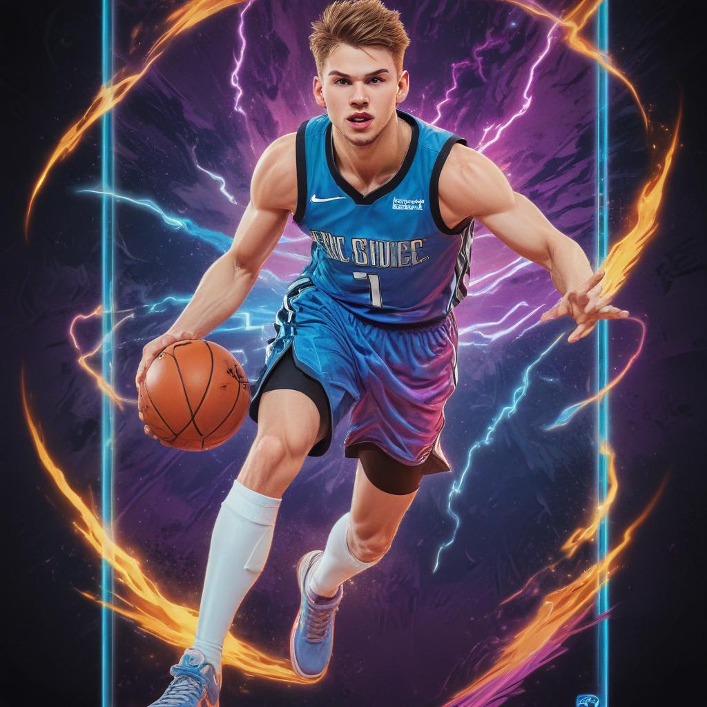 distance-shot, flashy, full-body, dynamic, holographic, animated cartoon poster of luka doncic in the style of dragon ball super