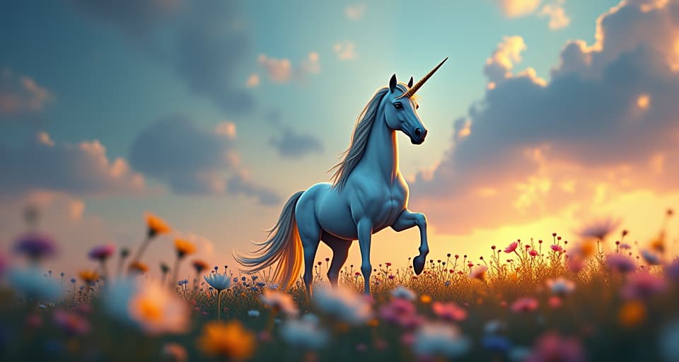  a majestic unicorn standing amidst a field of luminous flowers, its head held high, whispers of the wind faintly visible, emphasizing the irrelevance of external thoughts.. the style is digital art illustration,highly detailed, whimsical,magical, dreamlike atmosphere, realism and fantasy blend, smooth, glossy textures,luminous quality, wonder and enchantment.