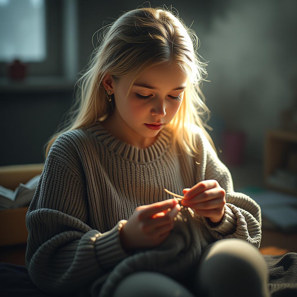  a blonde girl is knitting. hyperrealistic, full body, detailed clothing, highly detailed, cinematic lighting, stunningly beautiful, intricate, sharp focus, f/1. 8, 85mm, (centered image composition), (professionally color graded), ((bright soft diffused light)), volumetric fog, trending on instagram, trending on tumblr, HDR 4K, 8K