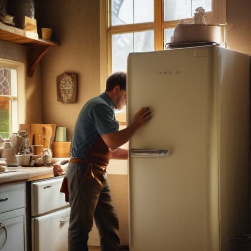 A photo of a skilled technician repairing a vintage refrigerator in a rustic farmhouse kitchen during the late afternoon, with warm sunlight streaming through the window, creating a soft and cozy atmosphere.