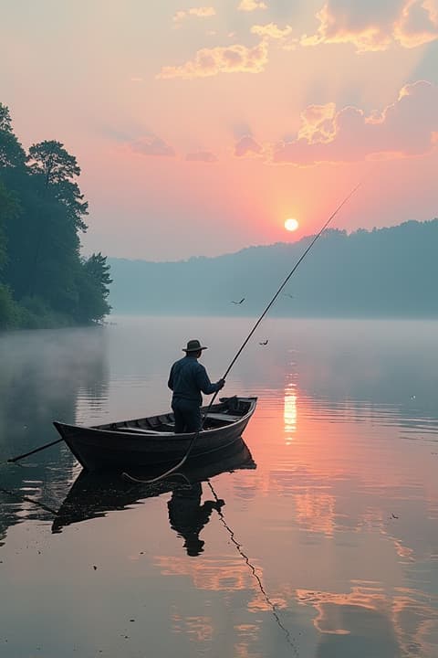  a serene lakeside fishing scene at dawn, with a fisherman casting a line into the calm waters, surrounded by lush green trees and mist rising from the surface. the sky painted in soft pinks and oranges, reflecting beautifully on the water. a small wooden boat gently drifting near the shore, fishing gear neatly arranged. birds in the background, and the gentle ripples of the water adding to the tranquility of the moment.