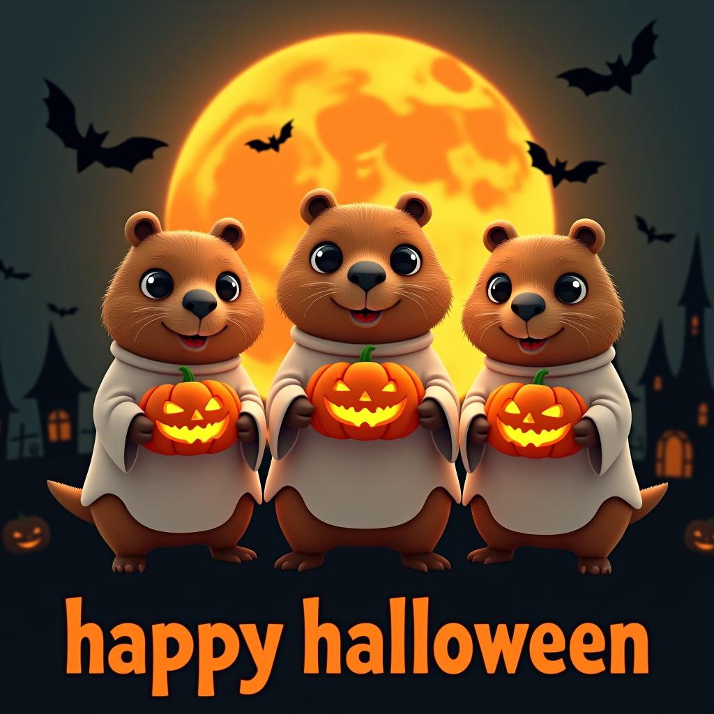  three capybaras wearing ghost shirts in a spooky halloween scene. each capybara has big black eyes. the middle capybara holds a large carved pumpkin, and the other two hold smaller carved pumpkins. the background features a large orange moon with black silhouettes of bats, haunted houses, and trees. below the capybaras, the word 'happy halloween' is written in a bold, stylized font. the overall style is fun and cartoonish with a glossy finish. hyperrealistic, full body, detailed clothing, highly detailed, cinematic lighting, stunningly beautiful, intricate, sharp focus, f/1. 8, 85mm, (centered image composition), (professionally color graded), ((bright soft diffused light)), volumetric fog, trending on instagram, trending on tumblr, HDR 4K, 8K