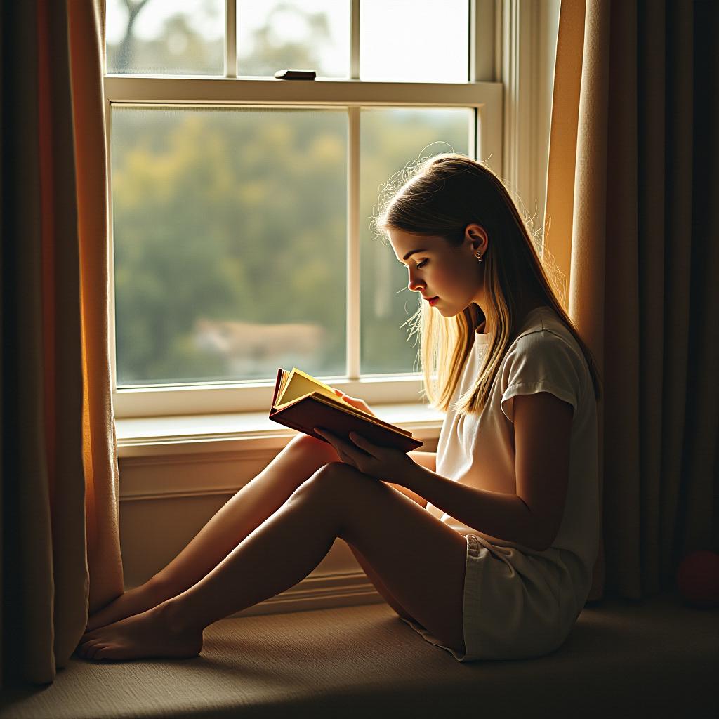  the girl is sitting by the window reading a book.